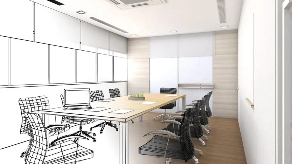 Sala de reuniones profesional con paredes de cristal y pantalla para presentaciones en CoWork Plus Singapur